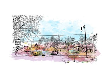 Grand Rapids 'in simgesi olan Print Building View Michigan' da bulunmaktadır. Vektörde elle çizilmiş resim ile suluboya sıçraması.