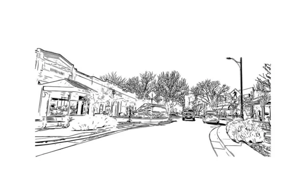 具有大交界处地标的印刷厂是科罗拉多州的一个城市 矢量手绘草图 — 图库矢量图片