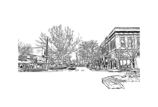 印刷グランドジャンクションのランドマークとビルの景色はコロラド州の都市です 手描きのスケッチ図ベクトル — ストックベクタ