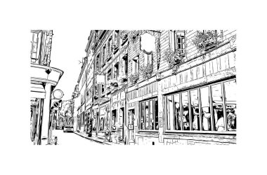 Print Building view with landmark of Honfleur is the commune in France. Vektörde elle çizilmiş çizim çizimi.