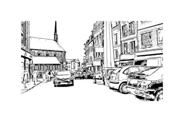 Print Building view with landmark of Honfleur is the commune in France. Vektörde elle çizilmiş çizim çizimi.