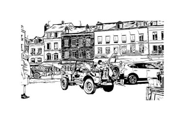 Print Building view with landmark of Honfleur is the commune in France. Vektörde elle çizilmiş çizim çizimi.