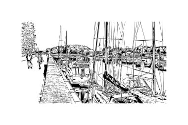 Print Building view with landmark of Honfleur is the commune in France. Vektörde elle çizilmiş çizim çizimi.