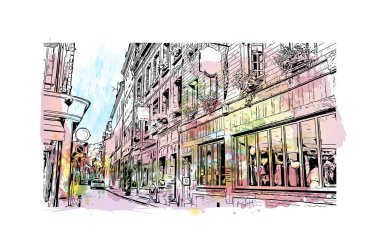 Print Building view with landmark of Honfleur is the commune in France. Vektörde elle çizilmiş resim ile suluboya sıçraması.