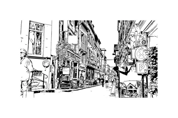 Print Building View Landmark Honfleur Comuna França Desenho Desenhado Mão — Vetor de Stock