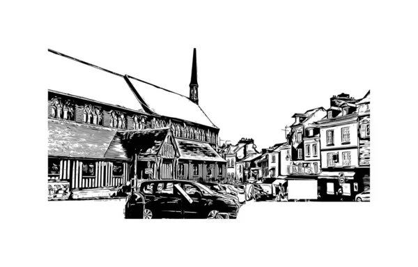 Print Gebouwenzicht Met Herkenningspunt Honfleur Gemeente Frankrijk Handgetekende Schets Illustratie — Stockvector