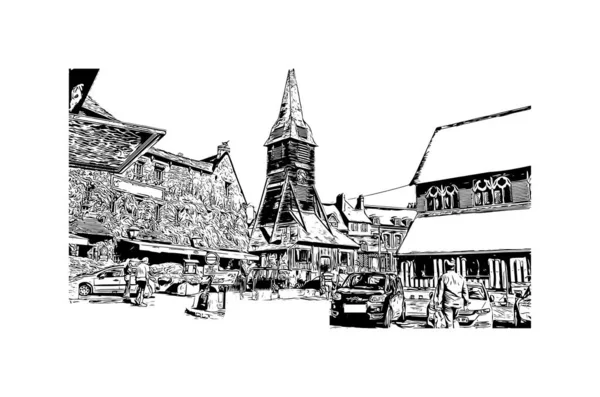 Print Building View Landmark Honfleur Kommunen Frankrike Handritad Skiss Illustration — Stock vektor