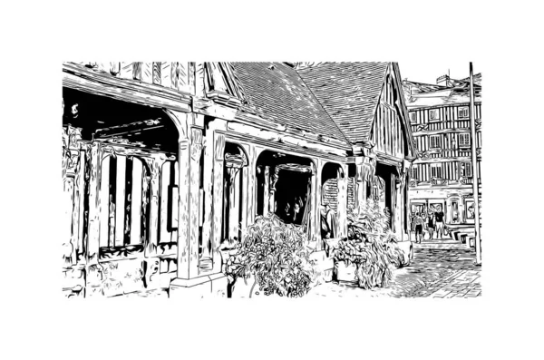 Imprimir Vista Del Edificio Con Hito Honfleur Comuna Francia Dibujo — Vector de stock