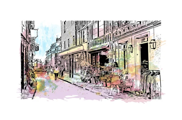 Imprimer Commune Honfleur Est Située France Aquarelle Éclaboussure Avec Dessin — Image vectorielle