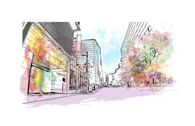 Houston 'ın simgesi olan Print Building View Teksas' ta büyük bir şehirdir. Vektörde elle çizilmiş resim ile suluboya sıçraması.