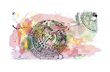 Houston 'ın simgesi olan Print Building View Teksas' ta büyük bir şehirdir. Vektörde elle çizilmiş resim ile suluboya sıçraması.