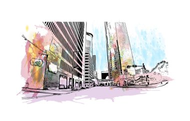 Houston 'ın simgesi olan Print Building View Teksas' ta büyük bir şehirdir. Vektörde elle çizilmiş resim ile suluboya sıçraması.