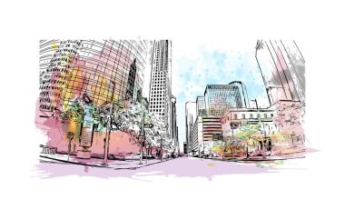 Houston 'ın simgesi olan Print Building View Teksas' ta büyük bir şehirdir. Vektörde elle çizilmiş resim ile suluboya sıçraması.