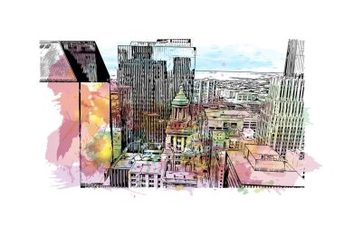 Houston 'ın simgesi olan Print Building View Teksas' ta büyük bir şehirdir. Vektörde elle çizilmiş resim ile suluboya sıçraması.