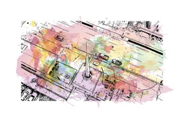 Houston 'ın simgesi olan Print Building View Teksas' ta büyük bir şehirdir. Vektörde elle çizilmiş resim ile suluboya sıçraması.