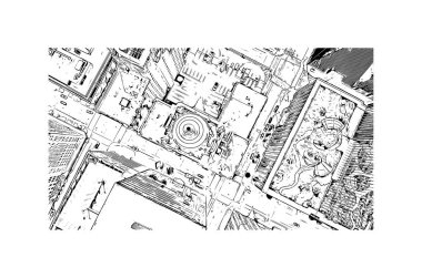 Houston 'ın simgesi olan Print Building View Teksas' ta büyük bir şehirdir. Vektörde elle çizilmiş çizim çizimi.