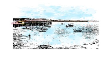 Hua Hin 'in simgesi olan Print Building View, Tayland Körfezi' nde bir sahil beldesidir. Vektörde elle çizilmiş resim ile suluboya sıçraması.