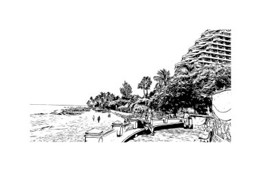 Hua Hin 'in simgesi olan Print Building View, Tayland Körfezi' nde bir sahil beldesidir. Vektörde elle çizilmiş çizim çizimi.