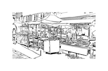 Hua Hin 'in simgesi olan Print Building View, Tayland Körfezi' nde bir sahil beldesidir. Vektörde elle çizilmiş çizim çizimi.