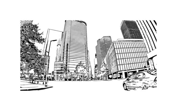 休斯敦的标志性建筑是得克萨斯州的一个大城市 矢量手绘草图 — 图库矢量图片