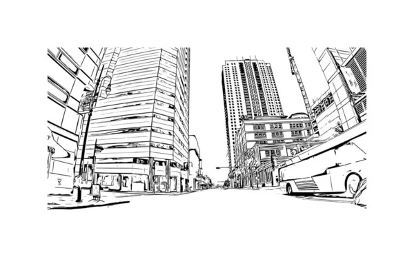 Print Building View Landmark Houston Large City Texas Ručně Kreslená — Stockový vektor