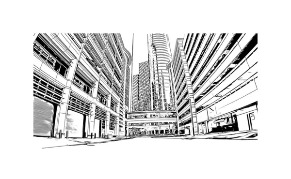 Print Building View Landmark Houston Large City Texas Hand Drawn — Stock Vector