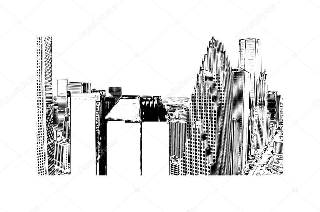 Print  Building view with landmark of Houston is a large city in Texas. Hand drawn sketch illustration in vector.
