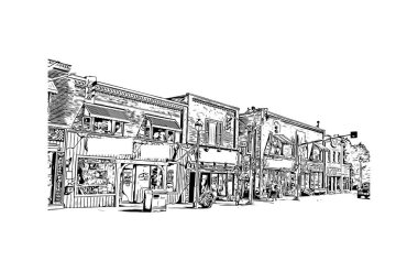 Huntsville 'in simgesi olan Print Building View Alabama' da bulunmaktadır. Vektörde elle çizilmiş çizim çizimi.