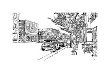 Huntsville 'in simgesi olan Print Building View Alabama' da bulunmaktadır. Vektörde elle çizilmiş çizim çizimi.