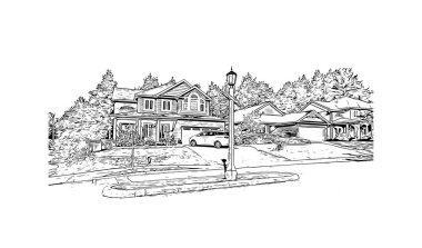 Huntsville 'in simgesi olan Print Building View Alabama' da bulunmaktadır. Vektörde elle çizilmiş çizim çizimi.