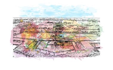 Print Building view with landmark of Hue, Orta Vietnam 'da bir şehirdir. Vektör içinde el çizimi çizimi eşkali ile suluboya sıçraması.