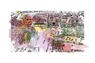 Print Building view with landmark of Hue, Orta Vietnam 'da bir şehirdir. Vektör içinde el çizimi çizimi eşkali ile suluboya sıçraması.