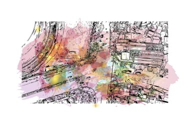 Print Building view with landmark of Hue, Orta Vietnam 'da bir şehirdir. Vektör içinde el çizimi çizimi eşkali ile suluboya sıçraması.