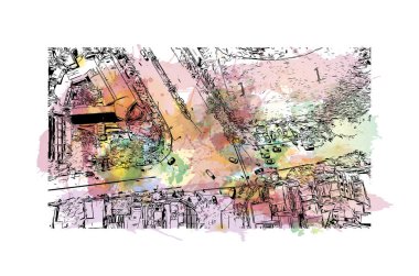 Print Building view with landmark of Hue, Orta Vietnam 'da bir şehirdir. Vektör içinde el çizimi çizimi eşkali ile suluboya sıçraması.