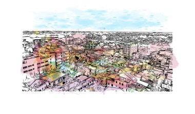 Print Building view with landmark of Hue, Orta Vietnam 'da bir şehirdir. Vektör içinde el çizimi çizimi eşkali ile suluboya sıçraması.