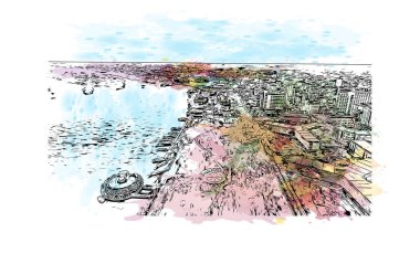 Print Building view with landmark of Hue, Orta Vietnam 'da bir şehirdir. Vektör içinde el çizimi çizimi eşkali ile suluboya sıçraması.