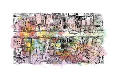 Print Building view with landmark of Hue, Orta Vietnam 'da bir şehirdir. Vektör içinde el çizimi çizimi eşkali ile suluboya sıçraması.