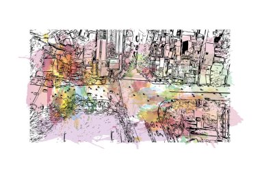 Print Building view with landmark of Hue, Orta Vietnam 'da bir şehirdir. Vektör içinde el çizimi çizimi eşkali ile suluboya sıçraması.