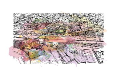 Print Building view with landmark of Hue, Orta Vietnam 'da bir şehirdir. Vektör içinde el çizimi çizimi eşkali ile suluboya sıçraması.