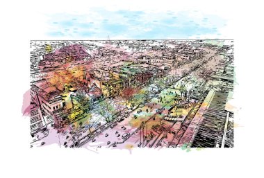 Print Building view with landmark of Hue, Orta Vietnam 'da bir şehirdir. Vektör içinde el çizimi çizimi eşkali ile suluboya sıçraması.