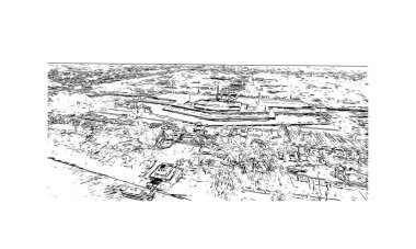 Print Building view with landmark of Hue, Orta Vietnam 'da bir şehirdir. El çizimi çizimi çizimi çizimi.