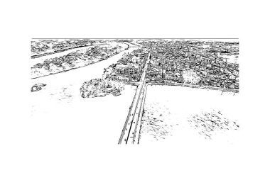 Print Building view with landmark of Hue, Orta Vietnam 'da bir şehirdir. El çizimi çizimi çizimi çizimi.