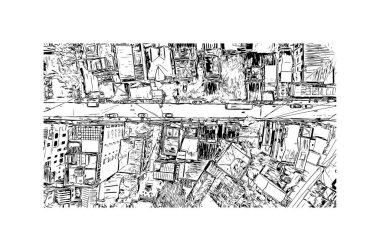 Print Building view with landmark of Hue, Orta Vietnam 'da bir şehirdir. El çizimi çizimi çizimi çizimi.