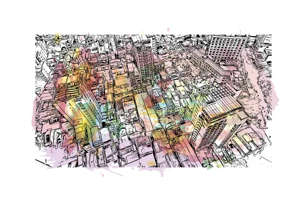 Imprimir Vista Del Edificio Con Hito Hue Una Ciudad Centro — Vector de stock