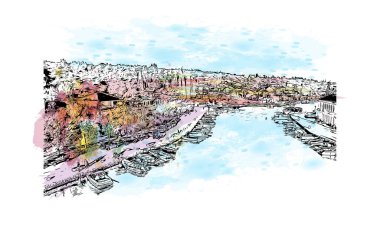 Hırvatistan 'daki ada, Hvar' ın tarihi yapısına sahip Print Building manzaralı. Vektörde elle çizilmiş resim ile suluboya sıçraması.