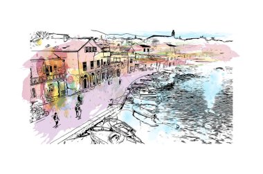 Hırvatistan 'daki ada, Hvar' ın tarihi yapısına sahip Print Building manzaralı. Vektörde elle çizilmiş resim ile suluboya sıçraması.