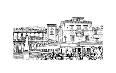 Hırvatistan 'daki ada, Hvar' ın tarihi yapısına sahip Print Building manzaralı. Vektörde elle çizilmiş çizim çizimi.