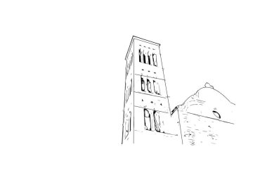Hırvatistan 'daki ada, Hvar' ın tarihi yapısına sahip Print Building manzaralı. Vektörde elle çizilmiş çizim çizimi.