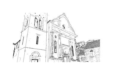 Hırvatistan 'daki ada, Hvar' ın tarihi yapısına sahip Print Building manzaralı. Vektörde elle çizilmiş çizim çizimi.
