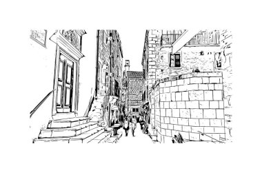 Hırvatistan 'daki ada, Hvar' ın tarihi yapısına sahip Print Building manzaralı. Vektörde elle çizilmiş çizim çizimi.